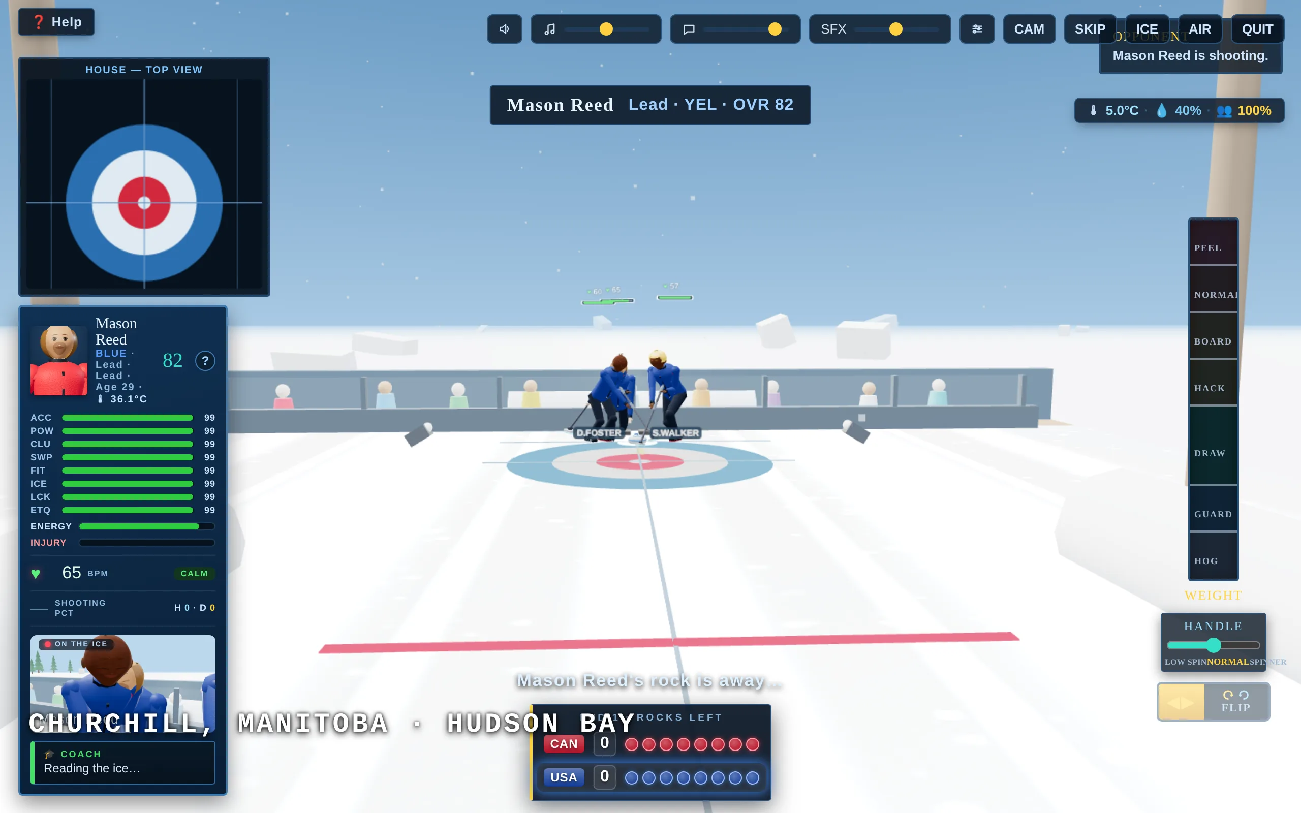 A Curling Stars match in play — two sweepers guiding a stone toward the house
