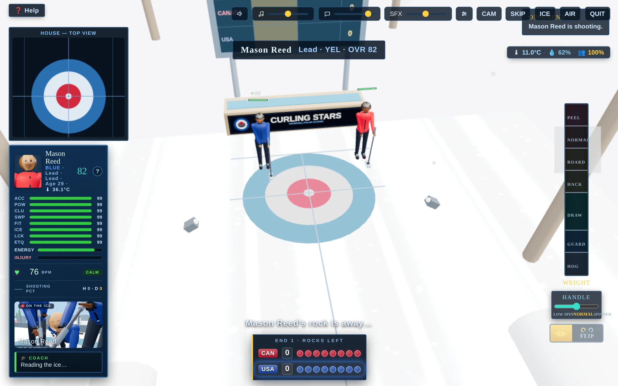 Arena view of a Curling Stars venue with players at the house